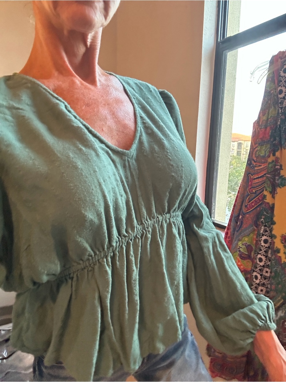 Women's V-Neck Smocked Waist Peasant Top in Sage Green